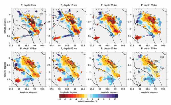 Toba caldera P-velocity anomalies in horizontal sections